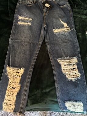 Fashion Nova Women's Straight Leg Distressed Blue Jeans